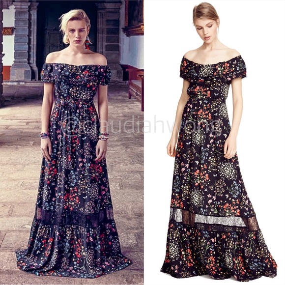 Alice + Olivia Dresses & Skirts - ALICE + OLIVIA Cherri Off Shoulder Floral Lace Maxi Gown in Black